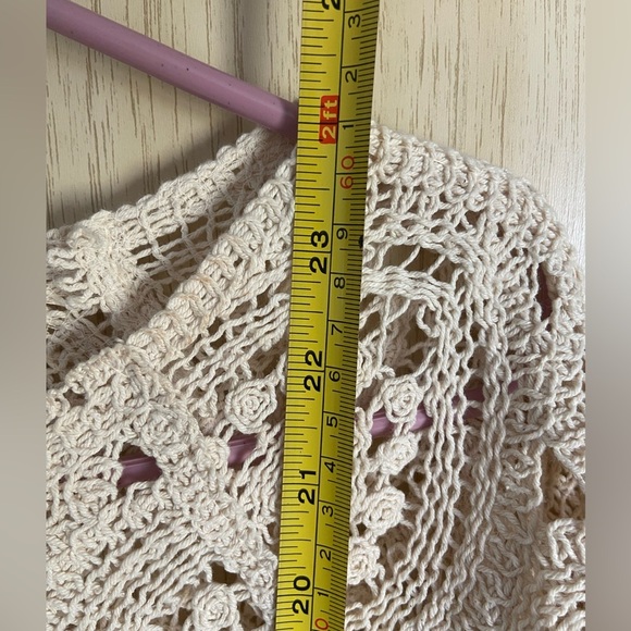 Vintage Solitaire XL Crocheted Knit Top Beige Circles Poplin Short Bubble Sleeve - Picture 7 of 11